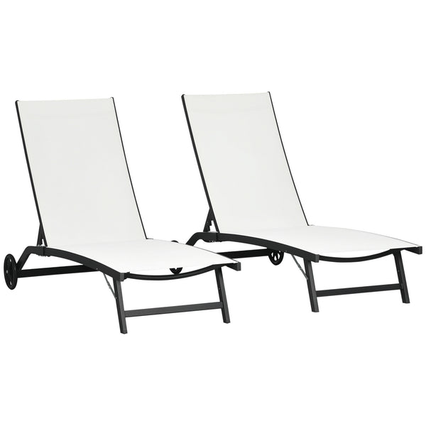 Lounge Chair Outdoor Set of 2 with Wheels, 5-Position Reclining Chaise Lounge Tanning Chair, Breathable Mesh Sun Lounger for Patio, Backyard, Beach, Poolside, Cream White
