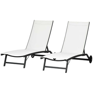 Lounge Chair Outdoor Set of 2 with Wheels, 5-Position Reclining Chaise Lounge Tanning Chair, Breathable Mesh Sun Lounger for Patio, Backyard, Beach, Poolside, Cream White