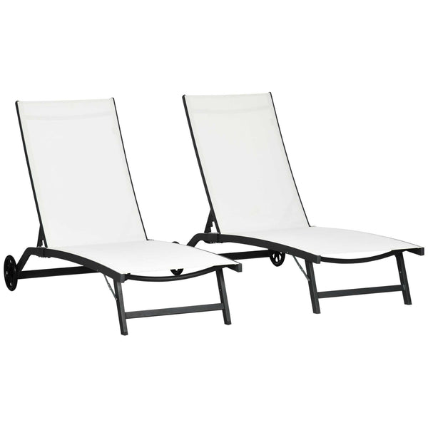 Lounge Chair Outdoor Set of 2 with Wheels, 5-Position Reclining Chaise Lounge Tanning Chair, Breathable Mesh Sun Lounger for Patio, Backyard, Beach, Poolside, Cream White