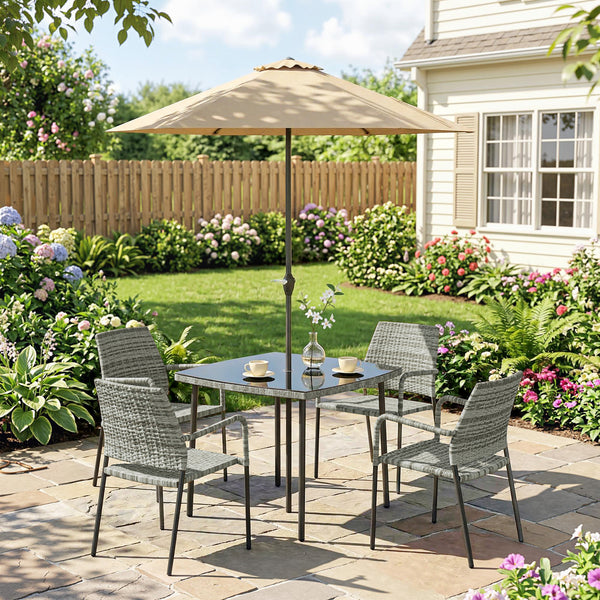 4 Seater Rattan Dining Set with Parasol, 6 Piece Garden Table and Stackable Chairs with Tempered Glass Tabletop, All-Weather Outdoor Rattan Furniture Set for Patio, Light Grey