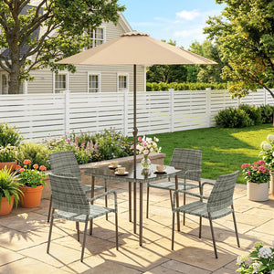 4 Seater Rattan Dining Set with Parasol, 6 Piece Garden Table and Stackable Chairs with Tempered Glass Tabletop, All-Weather Outdoor Rattan Furniture Set for Patio, Light Grey