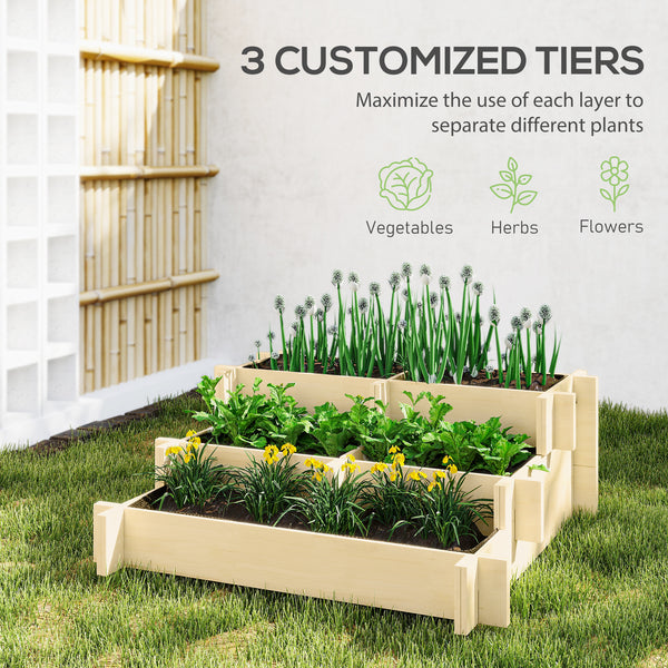 3-Tier Raised Garden Bed with 5 Compartments and Bed Liner, Fir Wood Elevated Planter Box, for Vegetables, Herbs, Outdoor Plants, 37 x 37 x 14in, Natural