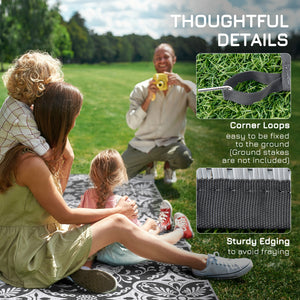 Outsunny Reversible Outdoor Rug, 9' x 18' Waterproof Plastic Straw Floor Mat, Portable RV Camping Carpet, Large Floor Mat for Backyard, Deck, Picnic, Beach, Gray & White Floral