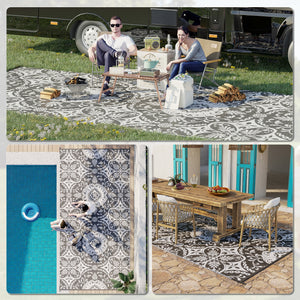 Outsunny Reversible Outdoor Rug, 9' x 18' Waterproof Plastic Straw Floor Mat, Portable RV Camping Carpet, Large Floor Mat for Backyard, Deck, Picnic, Beach, Gray & White Floral