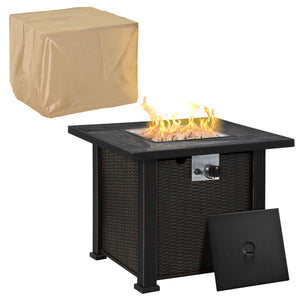 Outsunny 30 Inch Outdoor Propane Gas Fire Pit Table, 50,000 BTU Auto-Ignition Square Wicker-effect Gas Firepit with Ceramic Tabletop, Lid, Lava Rocks & Rain Cover, CSA Certification