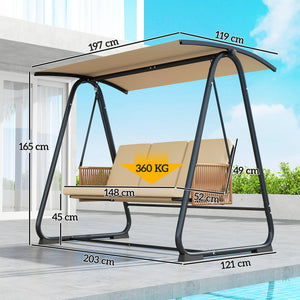 3 Seater Garden Swing Chair with Adjustable Tilting Canopy, 360 kg Capacity Garden Swing Seat Outdoor Hammock Bench with Breathable Texteline Seat, Zipped Cushions, Metal Frame, Sand Brown