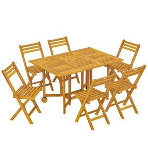 7 Pieces Garden Dining Set, Extending Dining Table and 6 Folding Chairs with Umbrella Hole, Garden Furniture Set with FSC-Certified Acacia Wood for Patio, Natural Wood