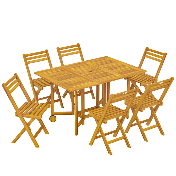 7 Pieces Garden Dining Set, Extending Dining Table and 6 Folding Chairs with Umbrella Hole, Garden Furniture Set with FSC-Certified Acacia Wood for Patio, Natural Wood