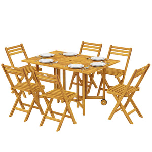 7 Pieces Garden Dining Set, Extending Dining Table and 6 Folding Chairs with Umbrella Hole, Garden Furniture Set with FSC-Certified Acacia Wood for Patio, Natural Wood