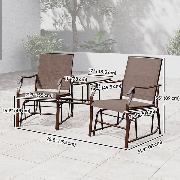 Double Patio Glider Chair with Glass Top Center Table, Outdoor Glider Loveseat with High Back,  All Weather Breathable Mesh Fabric for Garden, Backyard, Deck, Brown