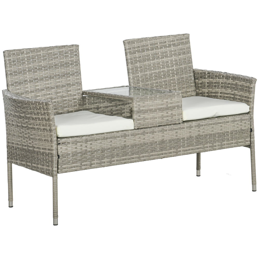 2 Seat Rattan Garden Bench, Patio Wicker Chair with Glass Tea Table, Outdoor Love Seat with Padded Cushions, for Garden, Porch, Poolside, Mixed Grey/Cream White