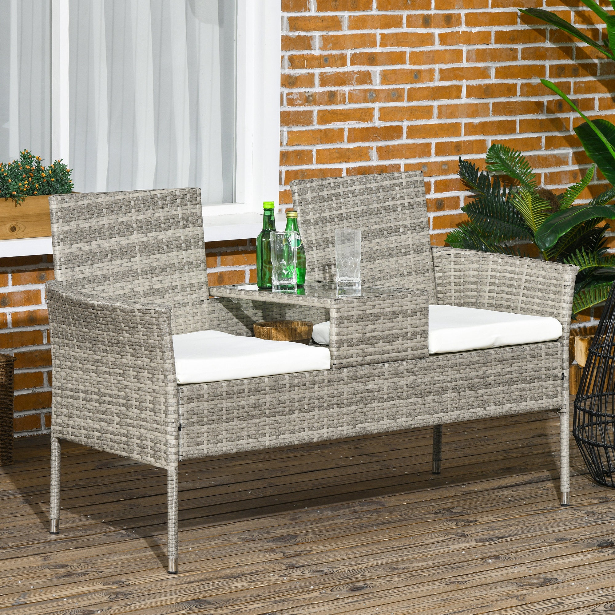 Seat Rattan Garden Bench, Patio Wicker Chair with Glass Tea