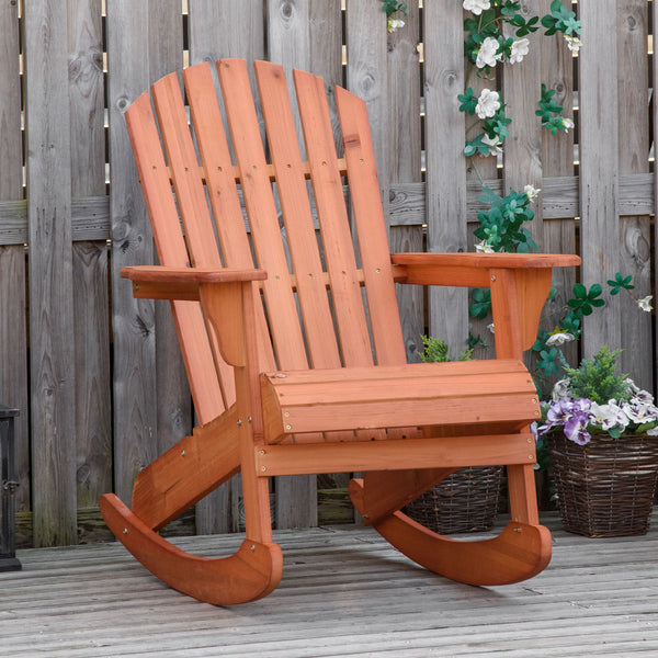 Outsunny Wooden Adirondack Rocking Chair Outdoor Lounge Chair Fire Pit Seating with Slatted Wooden Design, Fanned Back, & Classic Rustic Style for Patio, Backyard, Garden, Lawn, Teak