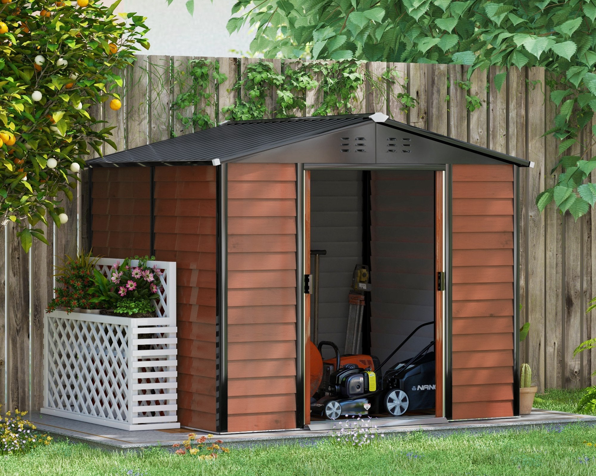 EverBase 8' x 7' Outdoor Storage Shed, Easy to Assemble, Upgraded Galvanized Metal Garden Shed with Lockable Doors, Floor Frame and Gloves for Backyard, Lawn, Patio, Teak