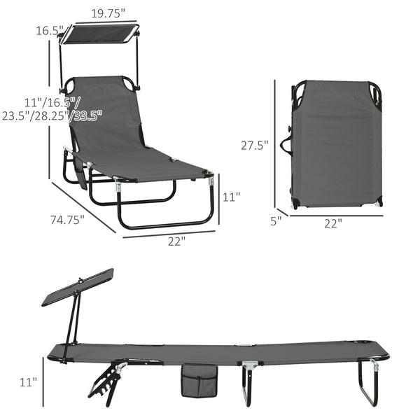 Outsunny Folding Chaise Lounge Pool Lounge Chairs Set of 2, Outdoor Sun Tanning Chairs with Canopy Shade, Reclining Back, Steel Frame and Side Pocket for Beach, Yard, Patio, Dark Gray