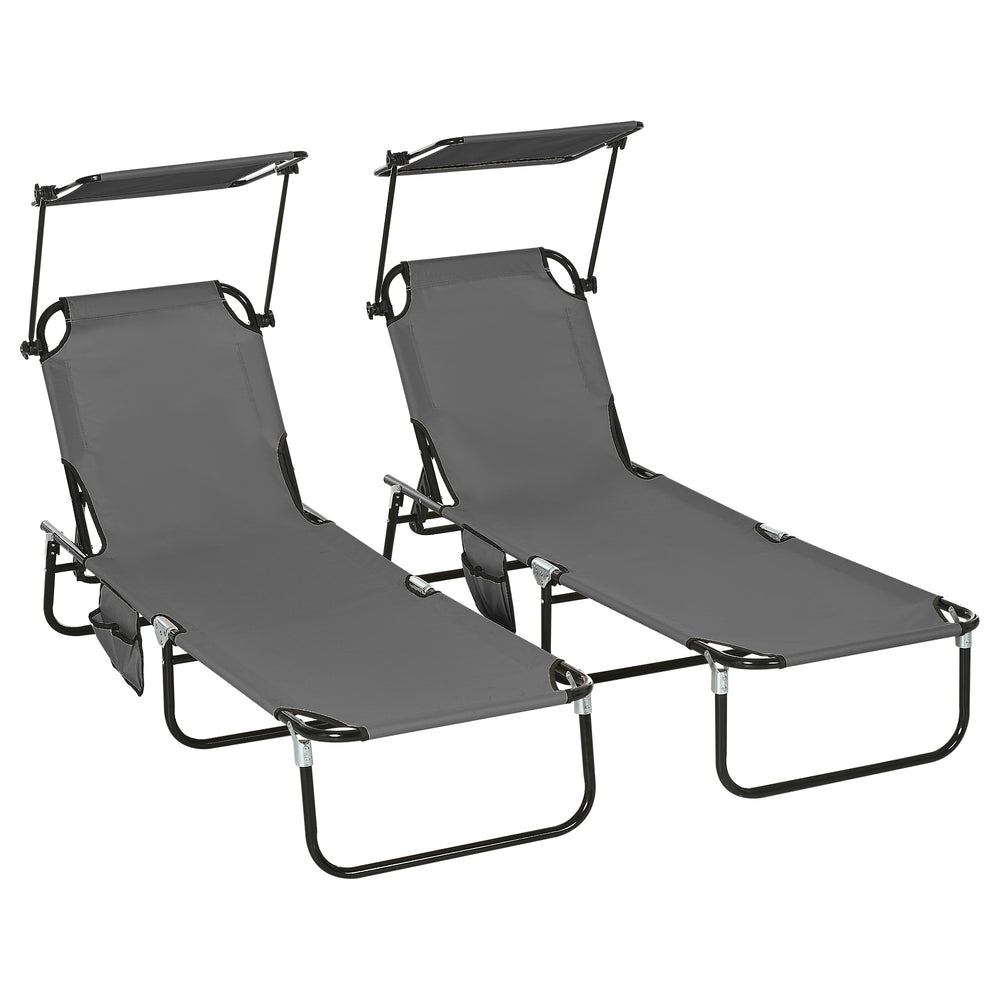 Outsunny Folding Chaise Lounge Pool Lounge Chairs Set of 2, Outdoor Sun Tanning Chairs with Canopy Shade, Reclining Back, Steel Frame and Side Pocket for Beach, Yard, Patio, Dark Gray