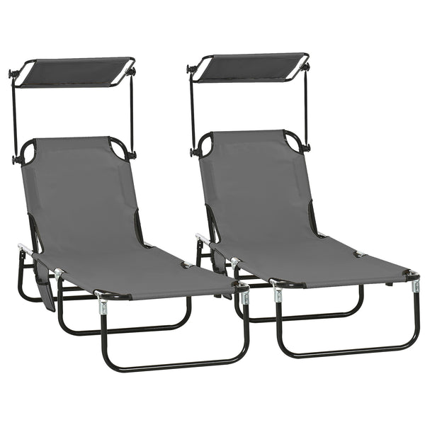 Outsunny Folding Chaise Lounge Pool Lounge Chairs Set of 2, Outdoor Sun Tanning Chairs with Canopy Shade, Reclining Back, Steel Frame and Side Pocket for Beach, Yard, Patio, Dark Gray