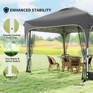 10 x 10 ft Pop Up Canopy Tent with Mosquito Netting, UPF 50+ Central Lock Easy Setup Outdoor Party Tent Instant Canopy with 4 Sandbags, Carry Bag, Dark Grey