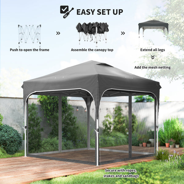 10 x 10 ft Pop Up Canopy Tent with Mosquito Netting, UPF 50+ Central Lock Easy Setup Outdoor Party Tent Instant Canopy with 4 Sandbags, Carry Bag, Dark Grey