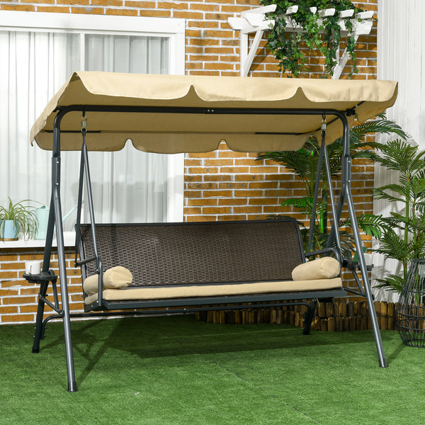 Outsunny 3-Seat Patio Swing Chair, Outdoor Canopy Swing Glider with Removable Cushion, Pillows, Adjustable Shade, and Rattan Seat, for Porch, Garden, Poolside, Backyard