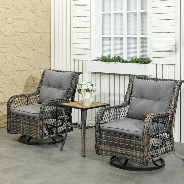 3 Pieces Wicker Patio Furniture Set, Rattan Bistro Set with Swivel Glider Chairs, Cushions, Bistro Table Set Outdoor Patio Conversation Set for Porch Balcony, Grey