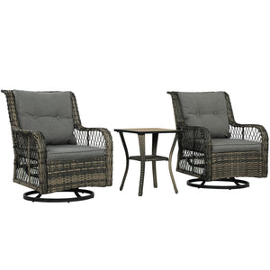 3 Pieces Wicker Patio Furniture Set, Rattan Bistro Set with Swivel Glider Chairs, Cushions, Bistro Table Set Outdoor Patio Conversation Set for Porch Balcony, Grey