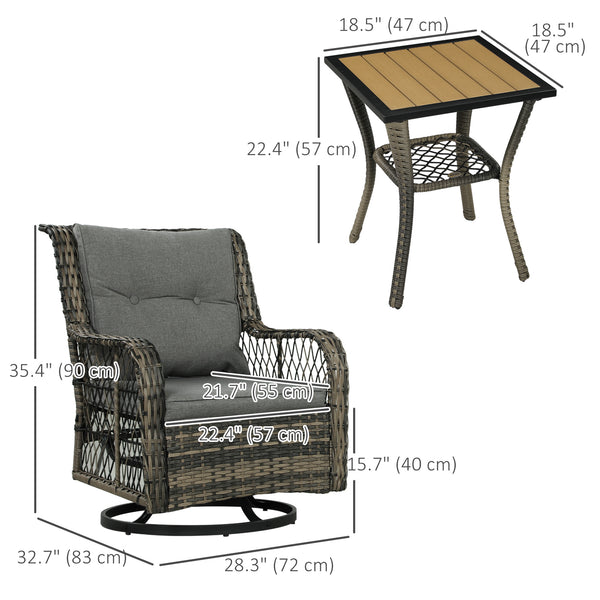 3 Pieces Wicker Patio Furniture Set, Rattan Bistro Set with Swivel Glider Chairs, Cushions, Bistro Table Set Outdoor Patio Conversation Set for Porch Balcony, Grey