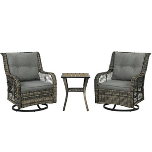 3 Pieces Wicker Patio Furniture Set, Rattan Bistro Set with Swivel Glider Chairs, Cushions, Bistro Table Set Outdoor Patio Conversation Set for Porch Balcony, Grey