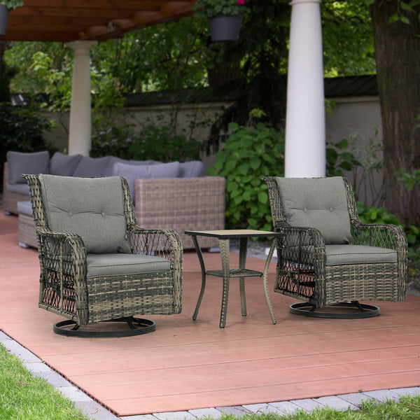3 Pieces Wicker Patio Furniture Set, Rattan Bistro Set with Swivel Glider Chairs, Cushions, Bistro Table Set Outdoor Patio Conversation Set for Porch Balcony, Grey