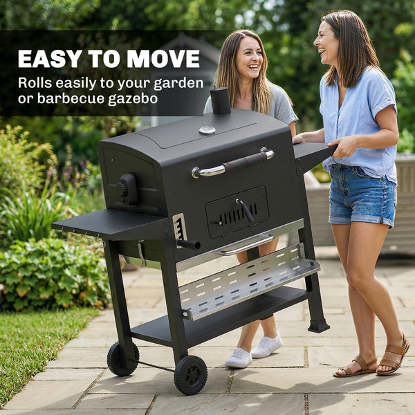 Charcoal BBQ Grill Smoker with Electric Rotisserie Kit, Portable Barbecue Grill with Warming Rack, Foldable Side Tables, Spice Rack, Hooks, Thermometer, Wheels for Outdoor Cooking, Black