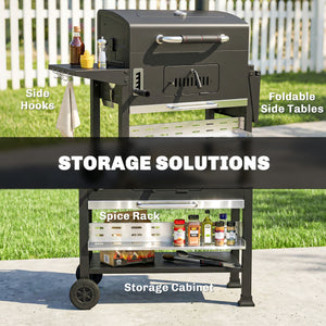 Charcoal BBQ Grill Smoker with Electric Rotisserie Kit, Portable Barbecue Grill with Warming Rack, Foldable Side Tables, Spice Rack, Hooks, Thermometer, Wheels for Outdoor Cooking, Black