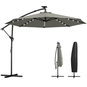 9.7 ft Cantilever Patio Umbrella with Solar LED Light, Cover, Round Offset Hanging Outdoor Umbrella Parasol with Tilt and Crank Handle, Grey