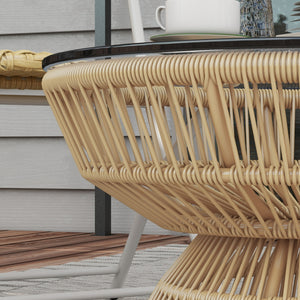 Rattan Outdoor Coffee Table, Patio End Table with Tempered Glass Tabletop & Steel Frame, Round Side Table Wicker Furniture for Backyard Lawn Balcony, Nature Wood