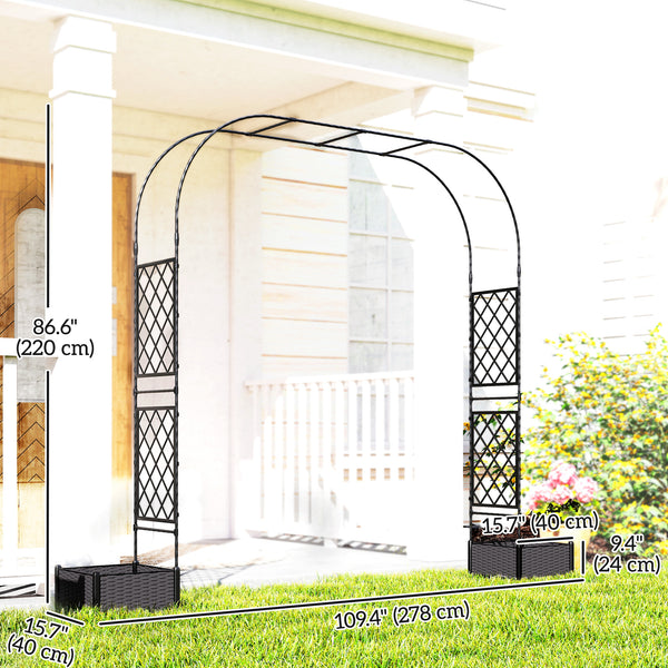 7.2ft Garden Arch with 2 Planter Boxes, PE-Coated Steel Outdoor Trellis Arbor for Climbing Plants, Wedding Arch for Party Outdoor Garden Backyard, Black