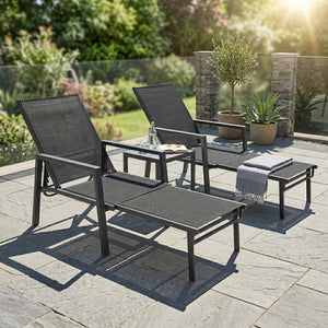 Sun Loungers Set of 2 with Retractable Footrest, 5-Position Adjustable Reclining Garden Lounger, Garden Chaise Lounge Sunbed Recliner Chair w/ Steel Frame for Beach, Porch, Patio, Black