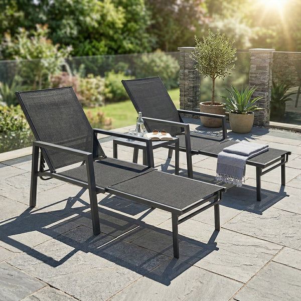 Sun Loungers Set of 2 with Retractable Footrest, 5-Position Adjustable Reclining Garden Lounger, Garden Chaise Lounge Sunbed Recliner Chair w/ Steel Frame for Beach, Porch, Patio, Black