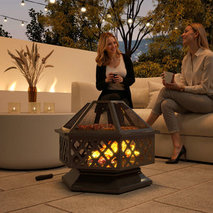 28" Outdoor Fire Pit Grill, Portable Wood Burning Firepit for Outside with Cooking Grate, Fire Poker, Spark Screen Lid, Steel Hexagon Fireplace for Patio Bonfire Backyard BBQ Camping Picnic