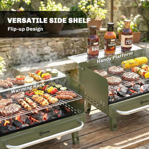 Portable BBQ Grill, Charcoal Barbecue Grill with Adjustable Grates, Foldable Legs and Side Shelf for Camping Hiking Picnic Travel Garden Outdoor Cooking, Green