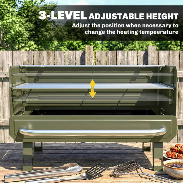 Portable BBQ Grill, Charcoal Barbecue Grill with Adjustable Grates, Foldable Legs and Side Shelf for Camping Hiking Picnic Travel Garden Outdoor Cooking, Green