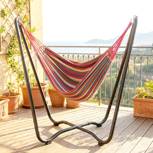 Patio Hammock with Stand, Fabric Outdoor Hammock Bed with Stand, Free Standing Lounge Chair for Beach, Yard, Bedroom, Patio, Porch, Indoor, Outdoor, Muti-Colored