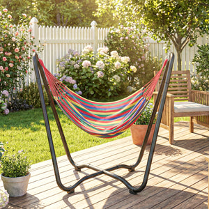 Patio Hammock with Stand, Fabric Outdoor Hammock Bed with Stand, Free Standing Lounge Chair for Beach, Yard, Bedroom, Patio, Porch, Indoor, Outdoor, Muti-Colored