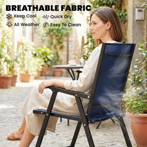 Folding Garden Chairs Set of 4, Foldable Garden Dining Chairs with High Back and Armrests, Breathable Texteline Folding Outdoor Chair Set with Metal Frame for Patio, Balcony, Navy Blue