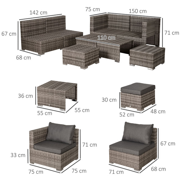 8 Pieces Rattan Garden Furniture Set, Garden Corner Sofa Set with 4 Chairs, 2 Footstools, 2 Coffee Tables and Cushions, Space-Saving Design, No Assembly Required, Grey
