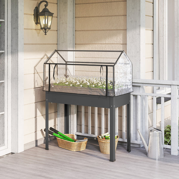 Raised Garden Bed with Greenhouse Cover, Elevated Planter Box with Legs and Drainage Hole for Vegetables Flowers Herbs, 39.4" x 18.9" x 48.8", Dark Gray