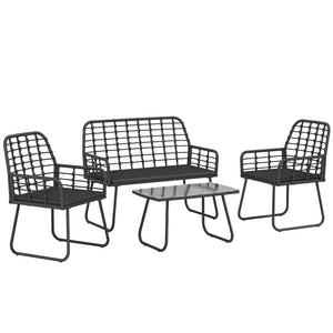 4 Piece Rattan Garden Furniture Set, Outdoor Patio Furniture with Loveseat, Armchairs and Coffee Table, Indoor Balcony Conservatory Set with Cushions for Garden, Poolside, Black