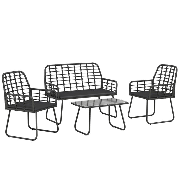 4 Piece Rattan Garden Furniture Set, Outdoor Patio Furniture with Loveseat, Armchairs and Coffee Table, Indoor Balcony Conservatory Set with Cushions for Garden, Poolside, Black