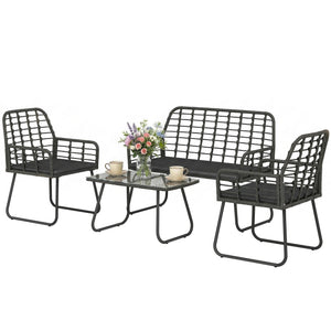 4 Piece Rattan Garden Furniture Set, Outdoor Patio Furniture with Loveseat, Armchairs and Coffee Table, Indoor Balcony Conservatory Set with Cushions for Garden, Poolside, Black