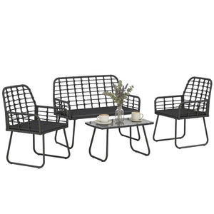 4 Piece Rattan Garden Furniture Set, Outdoor Patio Furniture with Loveseat, Armchairs and Coffee Table, Indoor Balcony Conservatory Set with Cushions for Garden, Poolside, Black
