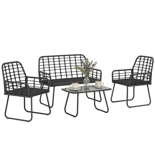 4 Piece Rattan Garden Furniture Set, Outdoor Patio Furniture with Loveseat, Armchairs and Coffee Table, Indoor Balcony Conservatory Set with Cushions for Garden, Poolside, Black