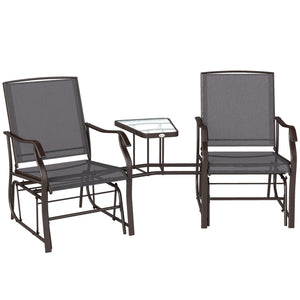 Outdoor Double Glider Rocking Chairs with Glass Top Middle Table, Metal Gliding Love Seat Conversation Furniture with Breathable Mesh Fabric Seat, for Garden, Patio, Grey